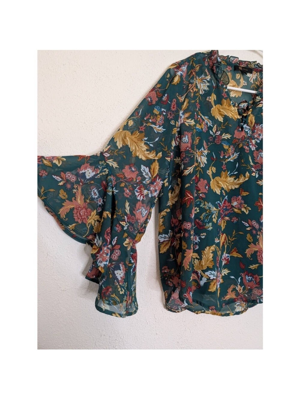 Frye Forest Green Floral Ruffle Sleeve Blouse - Picture 2 of 5